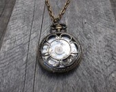 Clockpunk Steampunk Pendant Necklace, Pocket Watch Style Pendant with Ephemera on Cable Link Chain