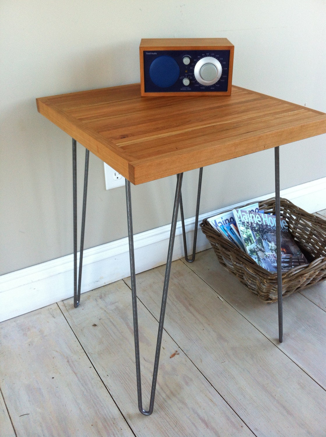 PAIR of mid century modern end tables, side tables or nightstand/bedside tables featuring solid American cherry top and hairpin legs