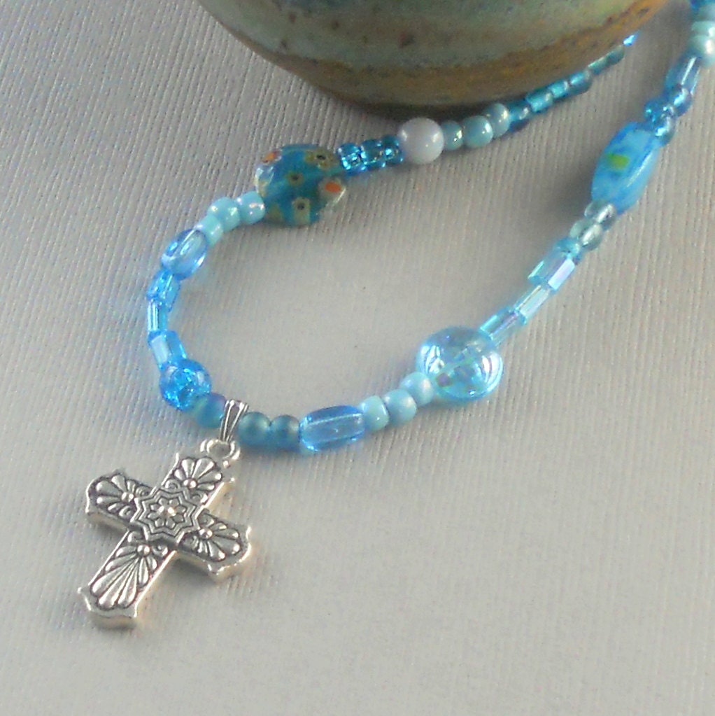 Aqua Silver Cross Necklace Turquoise Blue Beaded Christian Pendant First Communion Tierracast Fashion Jewelry Girl Gift  Free Shipping