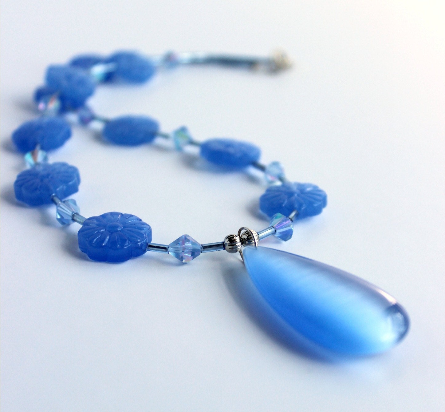 Periwinkle Blue and Silver Beaded Necklace with Teardrop Pendant and Flower Beads - Handmade Jewelry - OOAK - Ready to Ship