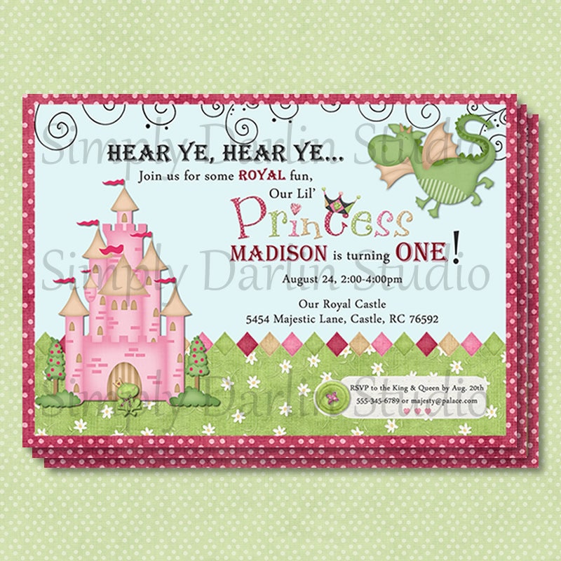 Digital PRINCESS GIRL Sweet Birthday Invitation with Castle and Cute Dragon Pink You Print