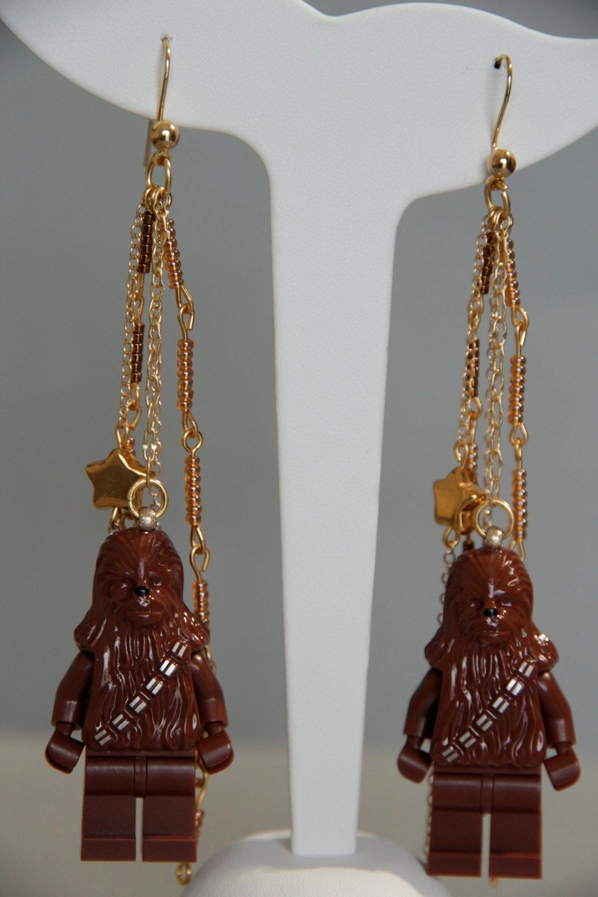 Chewbacca Lego Earrings - Statement Drop Earrings with Beadwork and Gold Chains