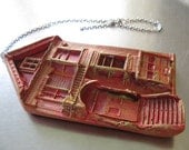 Red resin house art, suspended sculpture, home decor, by Leslie Fry