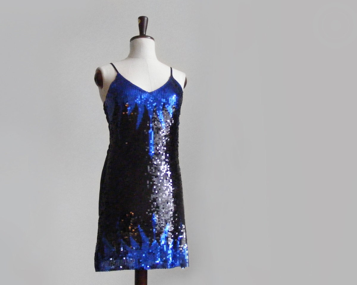 Blue & black sequin dress small, extraordinary mini sequin dress, party dress with sheer back - plot