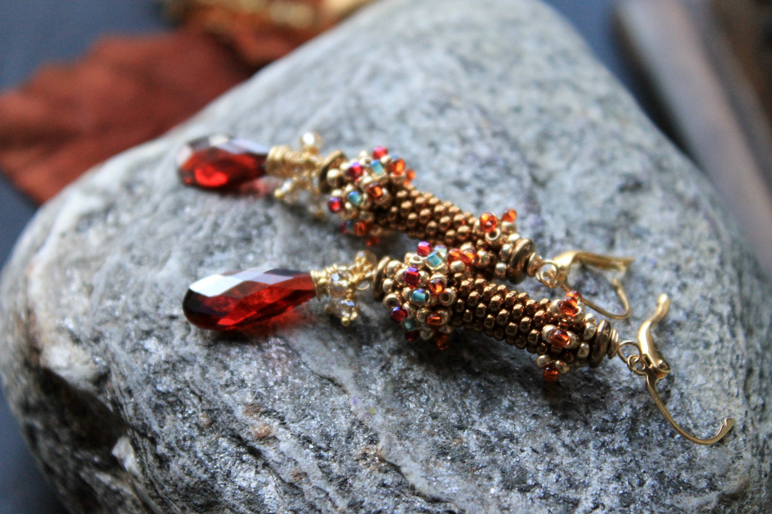 jeweltones - Stunning Gold and Aqua,fuchsia,fiery orange beads with Fiery Red CZ and golden crystals gold earrings  - The Jeweled Sceptre