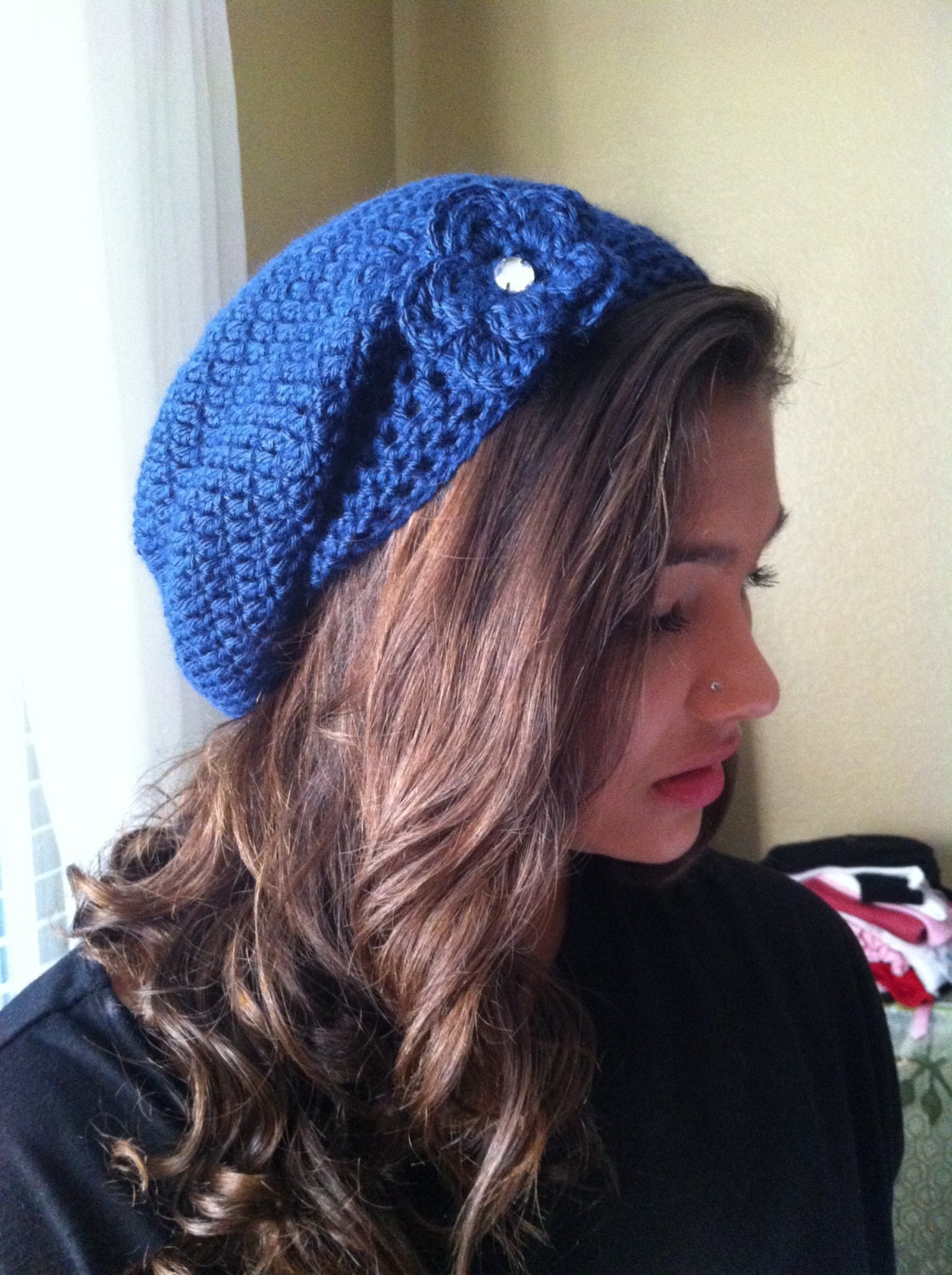 Slouchy Beanie, Tam, Dread- MADE TO ORDER,  Flower Brooch, Pick Your Color