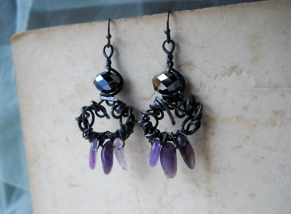 Beaded Chandelier Earrings - Wire Wrapped Frames, Iridescent Glass, Amethyst - Rustic Primitive Assemblage Earrings