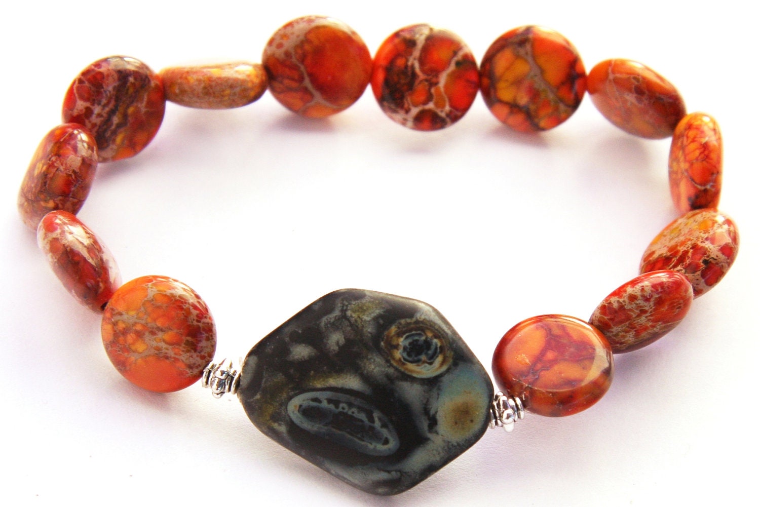 on Vacation / Red Orange Sea Sediment Jasper Stone Bracelet, Green Artistic Glass, Sterling Silver Beads, Natural Stone Bracelet