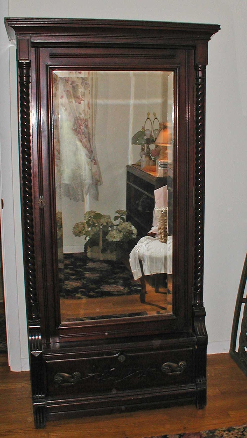 Victorian Eastlake Wardrobe or Armoire With Beveled Mirror Door and Interior Drawers