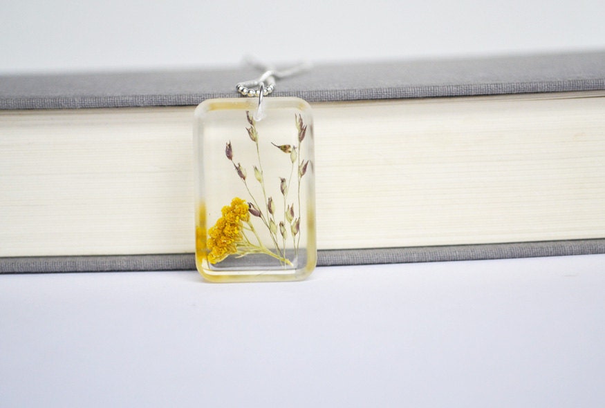 Real Flower Jewelry. Pressed Flowers in Resin. Plant Jewelry. Real Flower Necklace. Yellow Flower and Wild Grass. Canadian Jewelry Shop