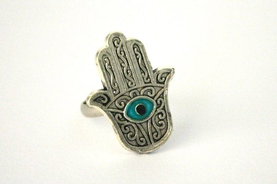 Adjustable Silver Ring Evil Eye Hand of Fatima Middle Eastern Turkish