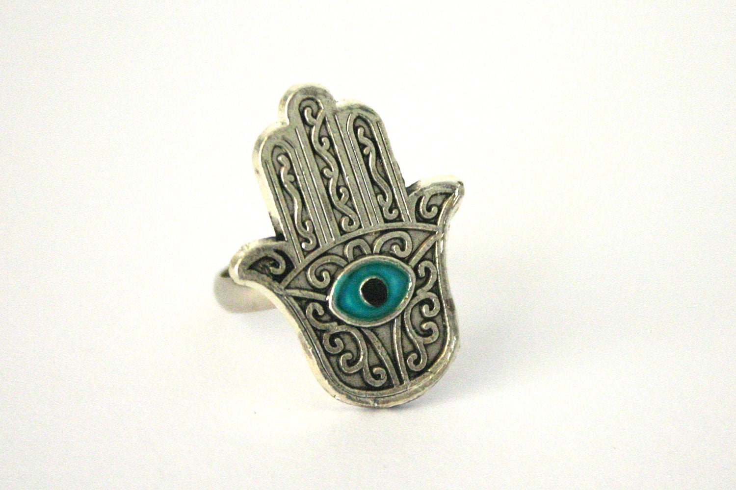Adjustable Silver Ring Evil Eye Hand of Fatima Middle Eastern Turkish