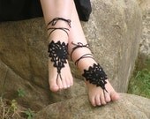 BAREFOOT SANDALS, Crochet, Beach Wedding, Foot Jewelry, Barefoot Sandles, Gothic, Nude Shoes, Bridal, Gypsy, Hippie Sandal, Anklets, Black