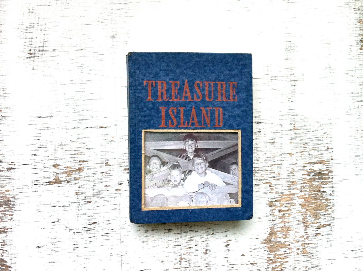 vintage book picture frame. READABLE vintage book as unique photo frame. Treasure Island, very vintage.  navy blue red classic literature