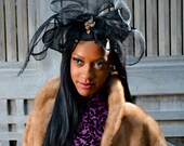 Black Bow Cocktail Hat in Sinamay with Antique Broach - The ELVIRA
