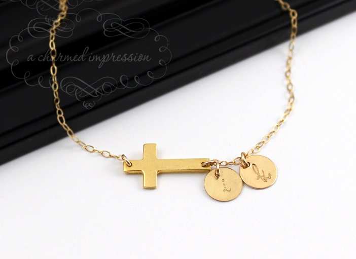 Cross Bracelet Gold Sideways Cross Initial Bracelet . Personalized Initials Bracelet . Custom Jewelry . Love Faith Couple . 24k Gold Vermeil