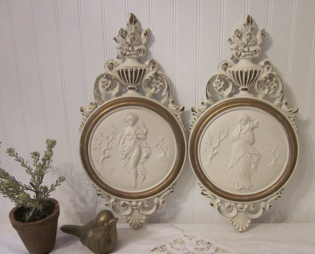 2 vintage Syroco Goddess Cameo plaques, Hollywood Regency Summer/Winter 2 Piece Set. Creamy White & Gold Glamour