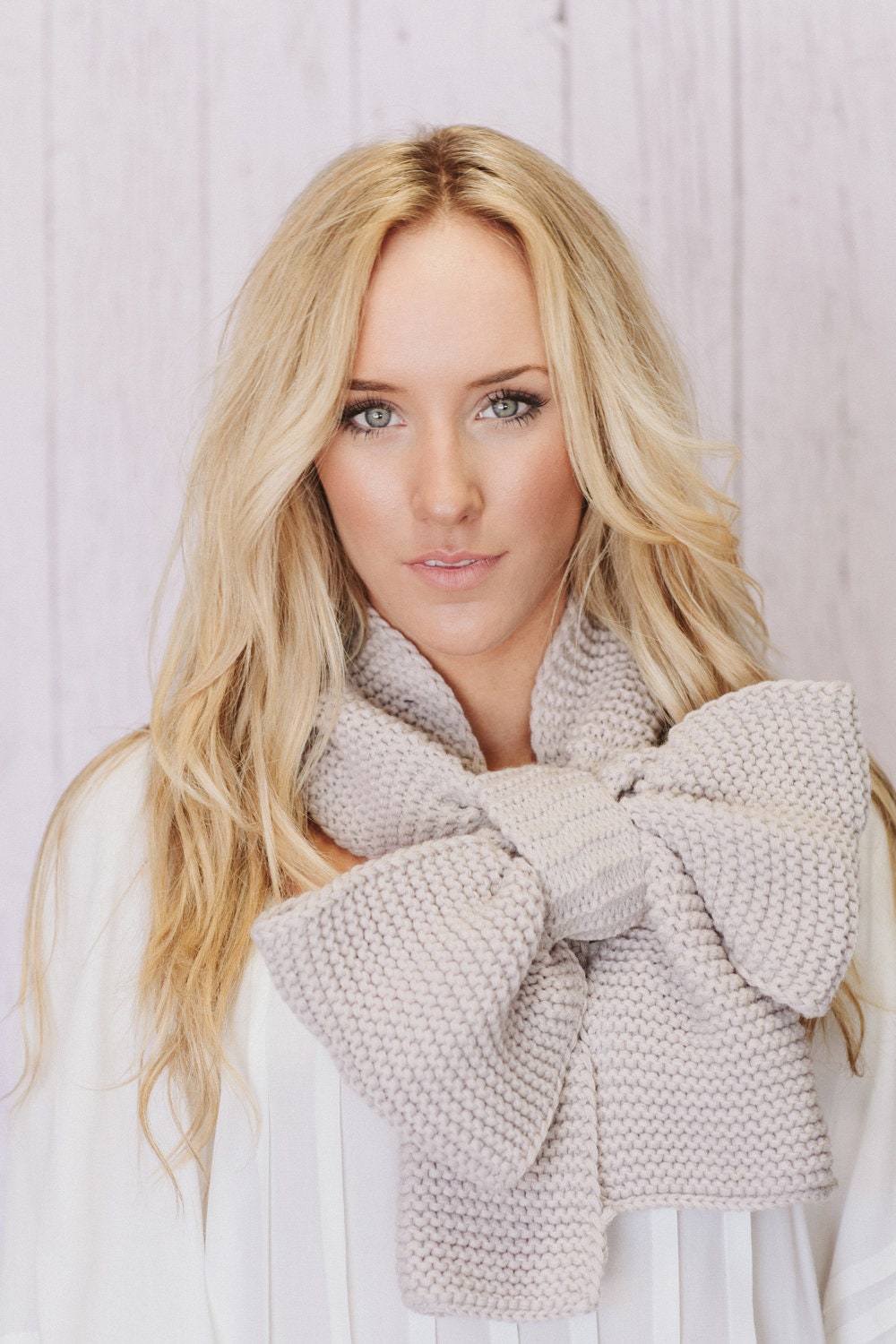 Knitted Bow Scarf Chunky Knitted Bow Ascot Neck Warmer Women's Extra Long Scarf Fashion Accessories in Latte