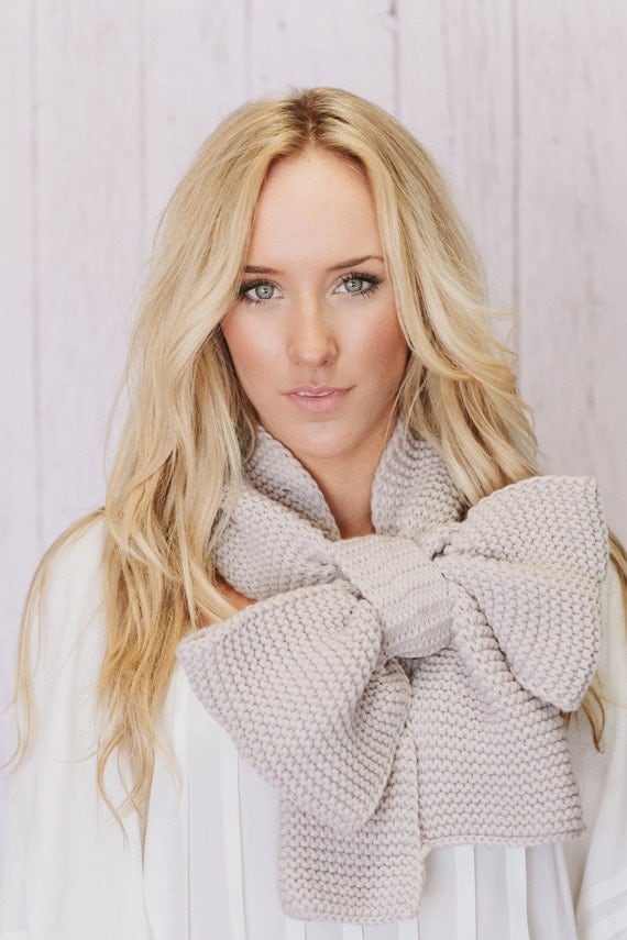 Knitted Bow Scarf Chunky Knitted Bow Ascot Neck Warmer Women's Extra Long Scarf Fashion Accessories in Latte