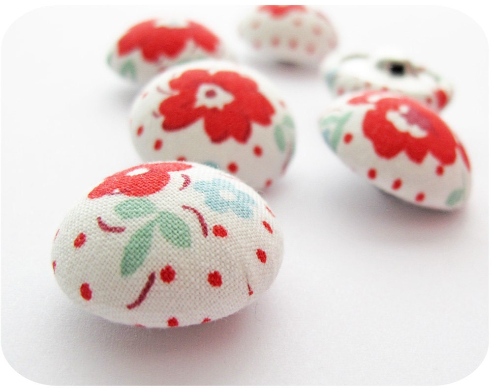 Red Floral Fabric Covered Mushroom Shank Buttons - 6 Buttons