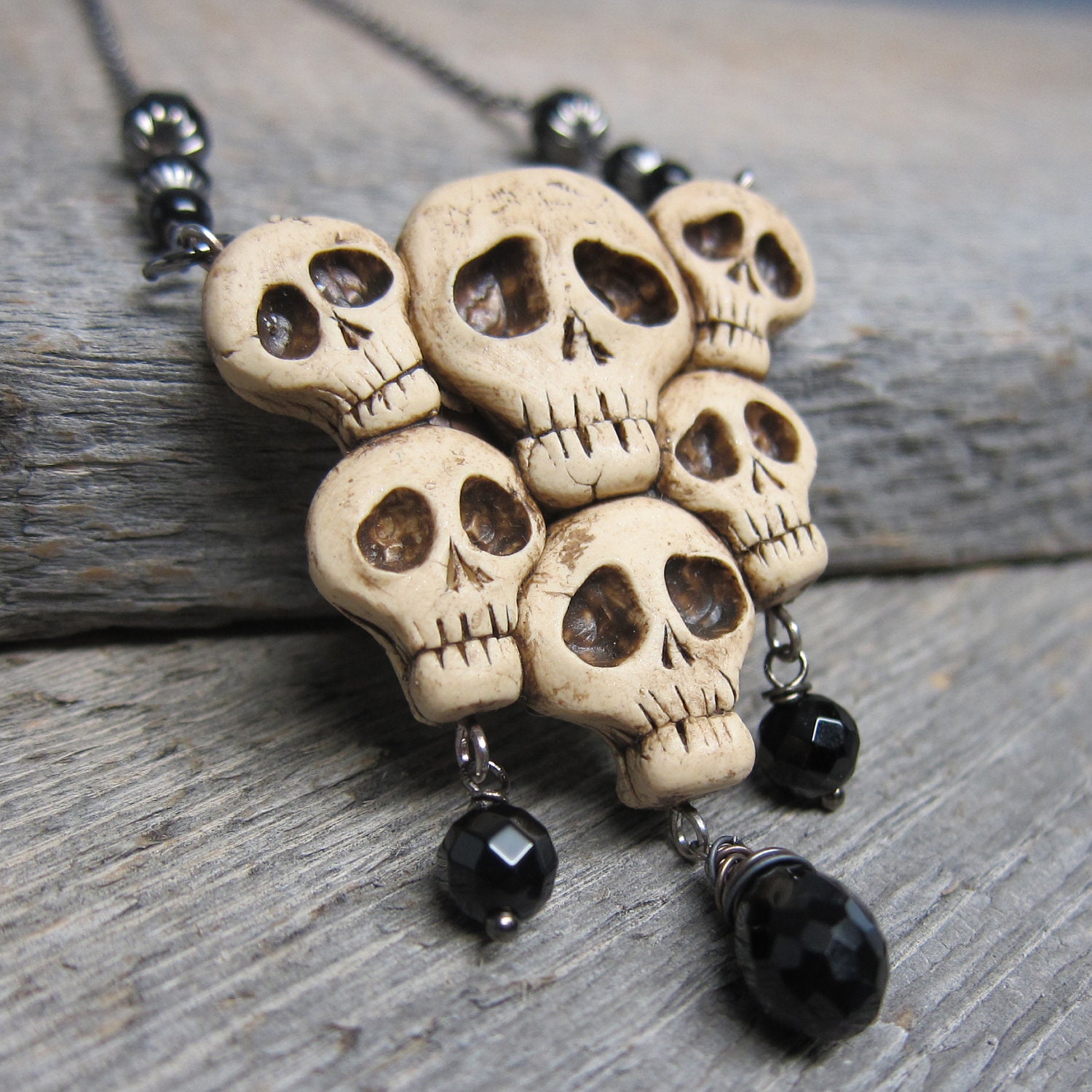 Catacombs II Necklace ... Skull Cluster with Onyx, Black Spinel, and Gunmetal
