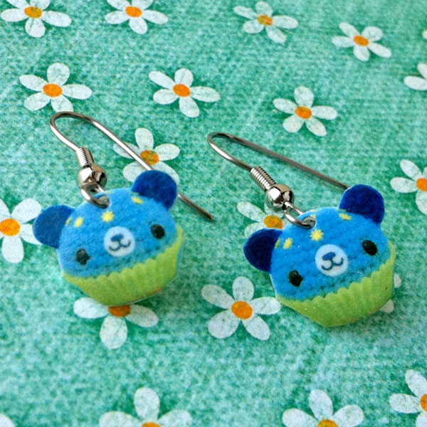 Amigurumi Kingdom Blue with Yellow Sprinkle Cupcake Bear Dangle Earrings
