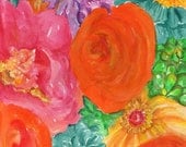 Original Watercolor Painting Hot Pink Peonies, Orange ranunculus and aqua flowers, succulents