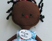 cloth rag doll African American handmade Olivia in Aqua, Red, and White flowers - SugarAndSpice