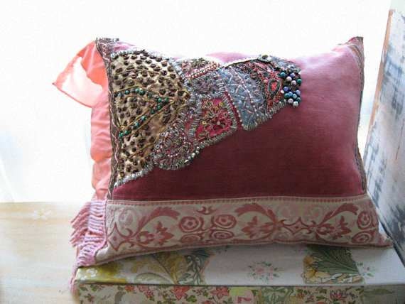 Dusky Fusion Pillow, Cushion, Antique Velvet, Intricate Bead Work, Bohemian, Gypsy, Home Decor - AllThingsPretty