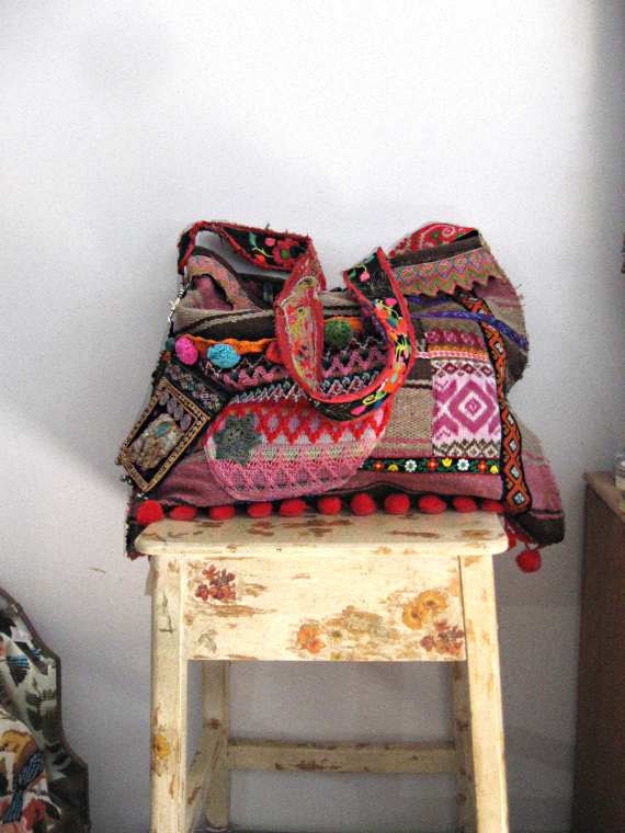 RESERVED for Carrie Anne - Large Woven Bag, Vintage Embroidery, Pom Poms, Elephant Coin Purse, Gypsy Boho, Cross Body
