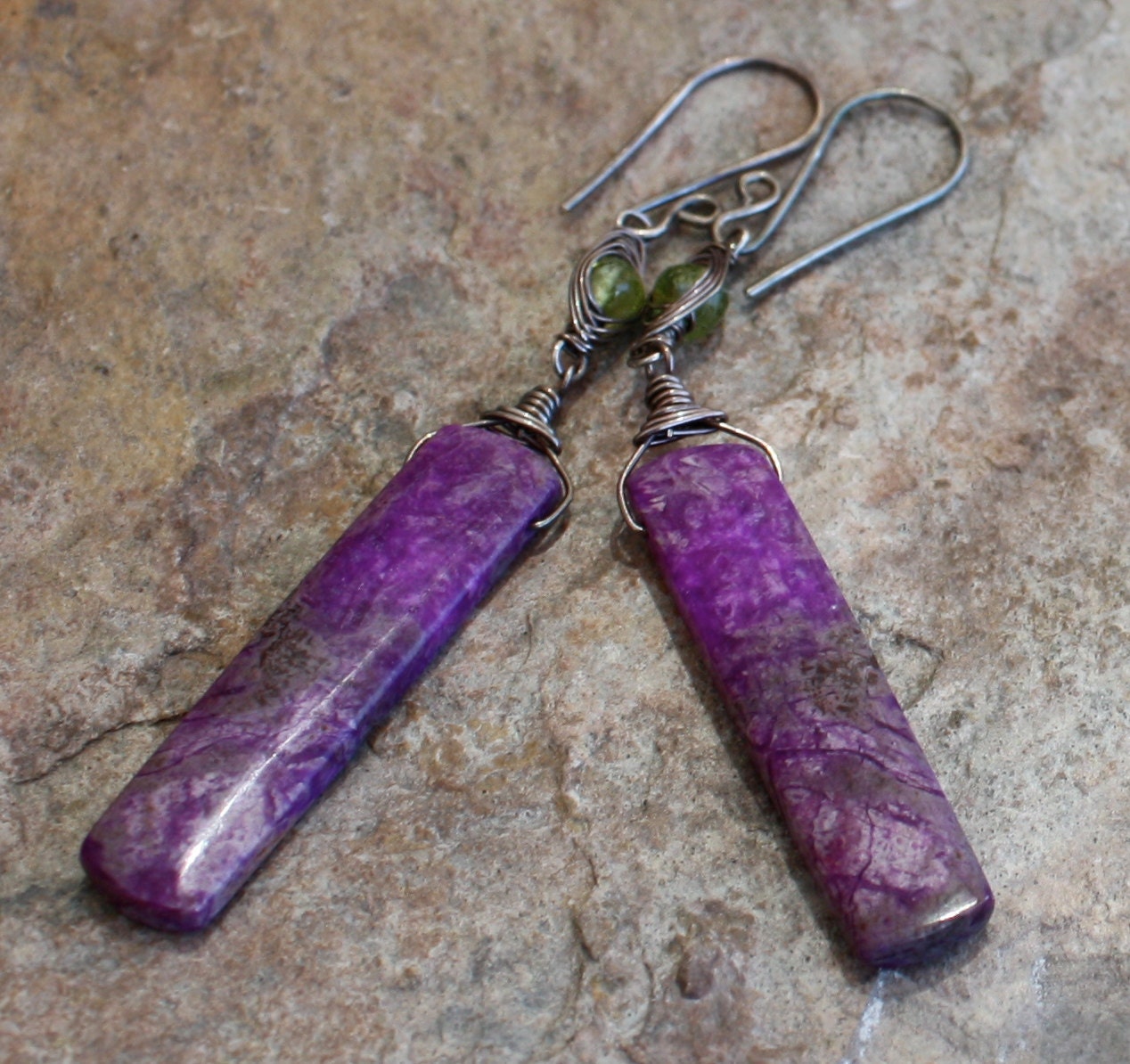SUGILITE and PERIDOT earrings, woven earrings, sterling silver