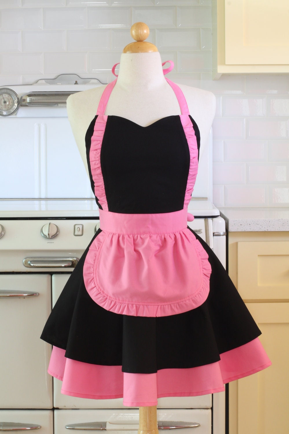 Apron French Maid Solid Black with Hot Pink Double Circle Skirt Retro Full Apron