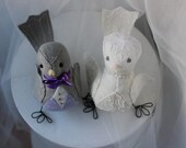 Wedding Cake Topper Love Birds  - Bird Cake topper - in dark grey  ivory and purple linen fabric - Choose your own purple color vest