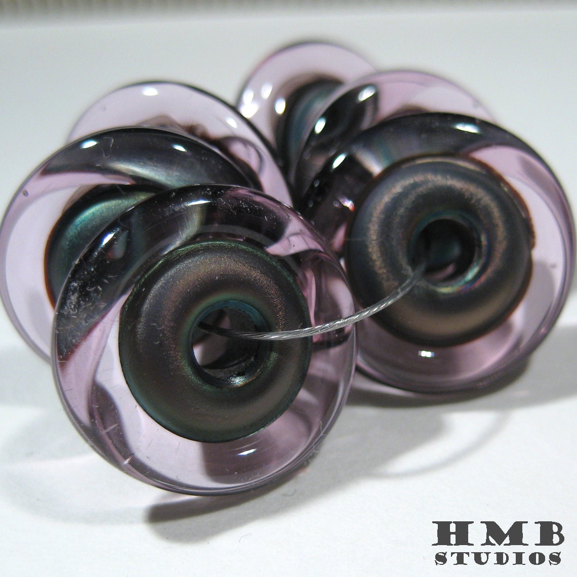 Handmade Lampwork Rondelles Beads in Rose on Metallic Black