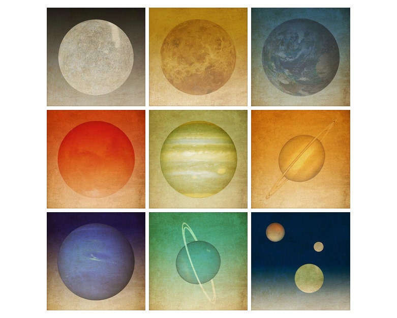 Nine 8x8 Solar System Prints Square Astronomy Art Space Planets Universe Milky Way Galaxy Moon Geek Nerd Science Posters Earth Mars Pluto