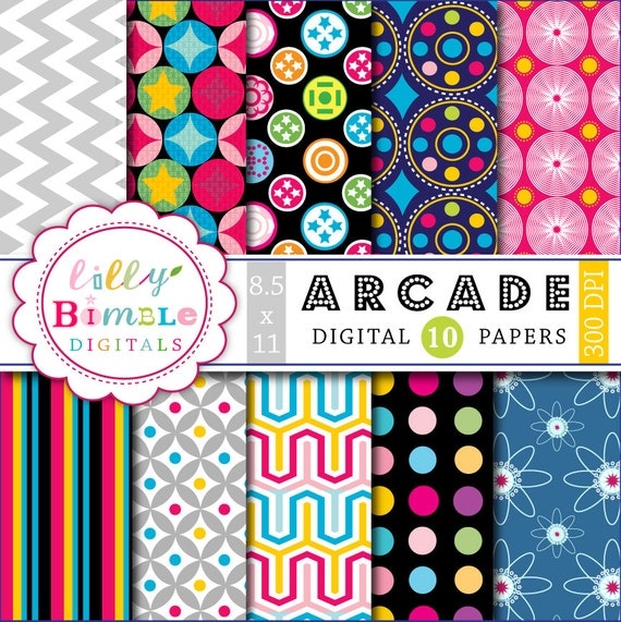 Arcade Papers for digital scrapbooking, cards, backgrounds, printable 8.5x11 300 dpi Instant Download Il_570xn