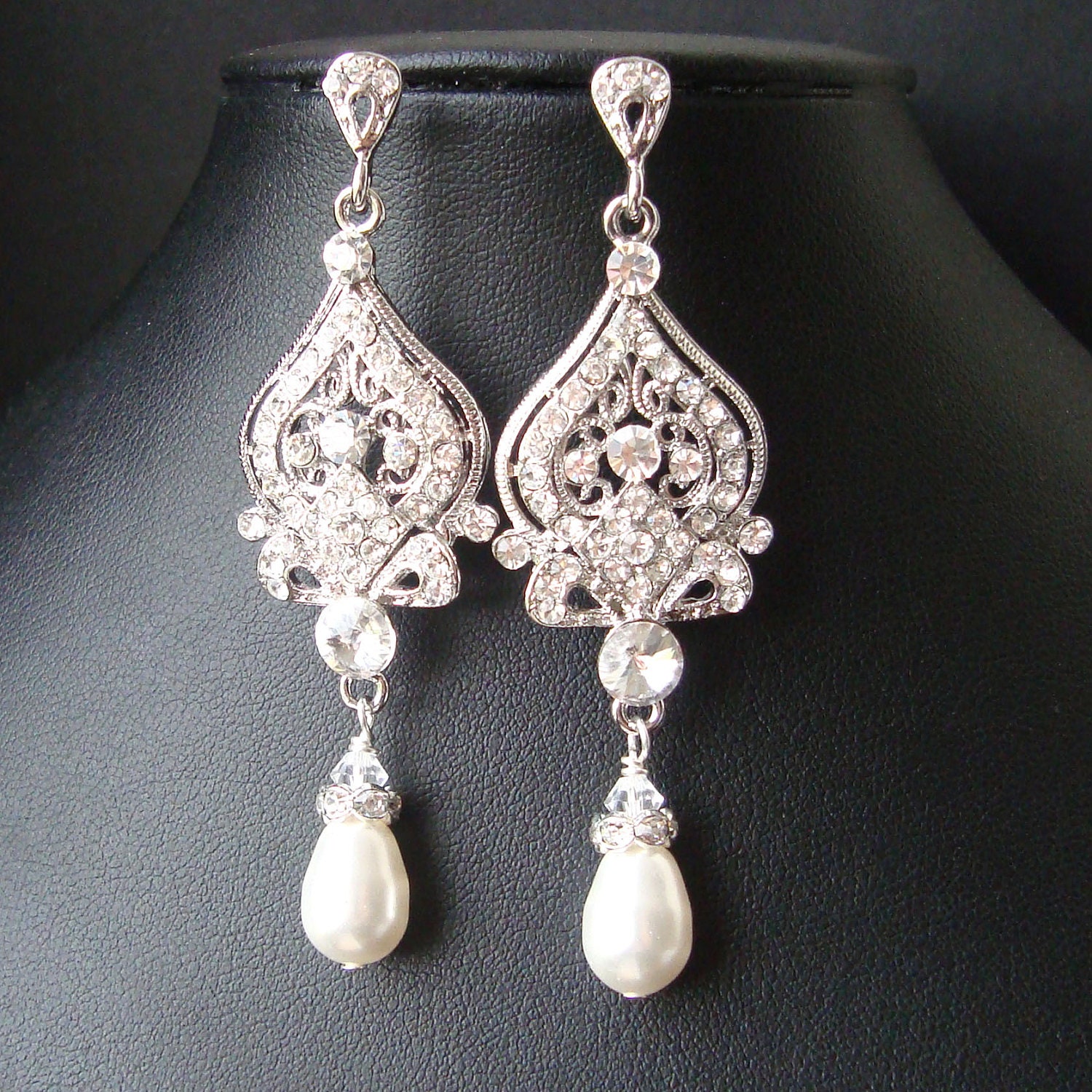 Vintage Inspired Wedding Bridal Earrings, Pearl and Rhinestone Chandelier Wedding Earrings, Hollywood Glamour Bridal Jewelry, JACQUELINE