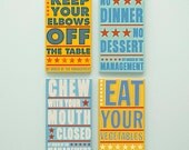 Wall Art for Kitchen - Kitchen Set By Order of the Management Word Art Blocks - Set of 4 - 4 in x 7 in - Kitchen Art Prints Mounted Food Art