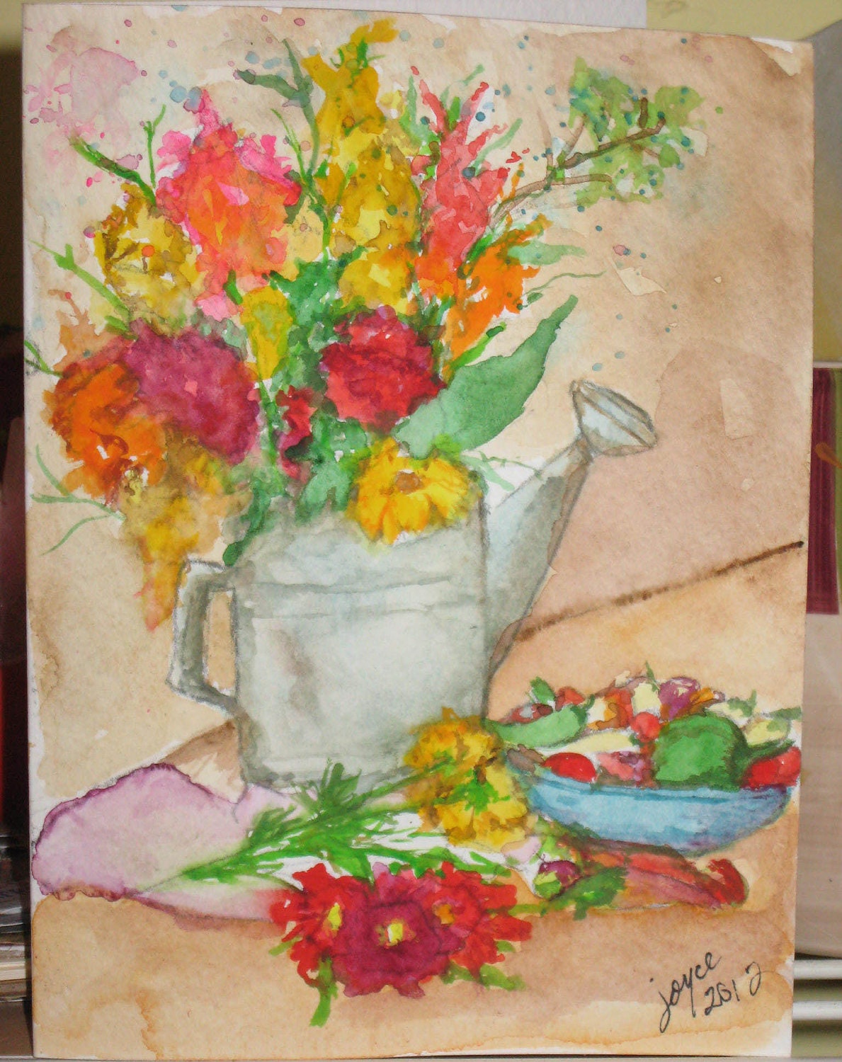 Handpainted Original Watercolor Painting Blank Greeting Card 5 x 7 Summer Flowers & Peppers