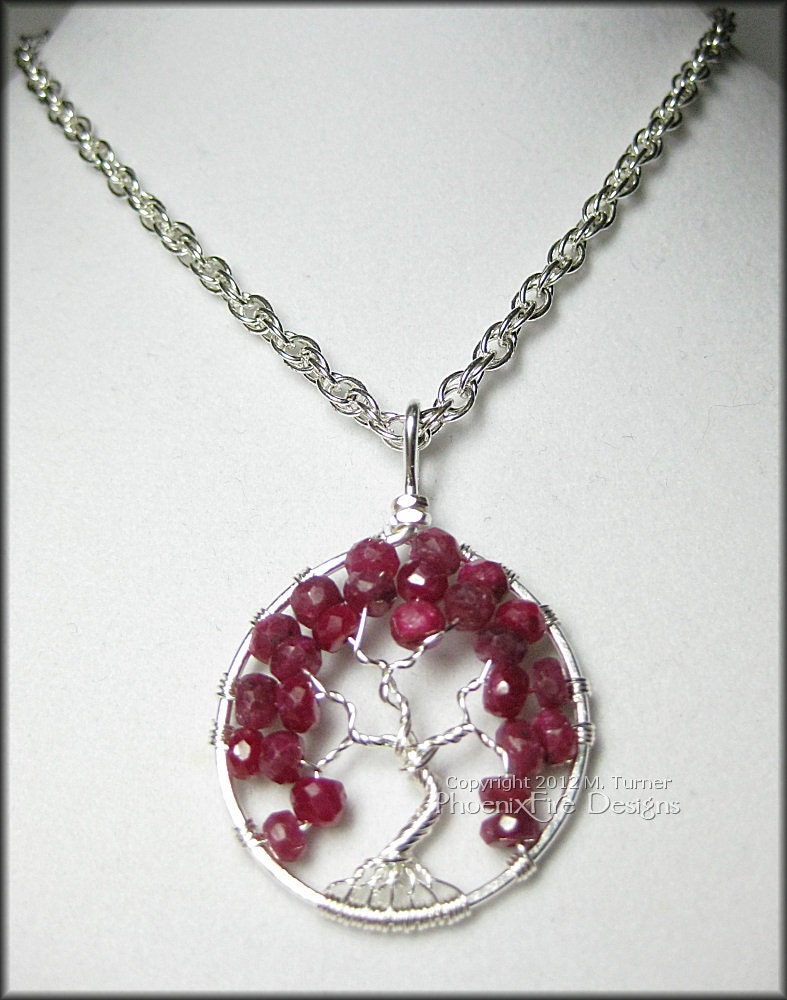 July Tree - Tree of Life Pendant Genuine Precious Ruby Gemstone Wire Wrapped Sterling Silver Red Gem Birthstone Birthday