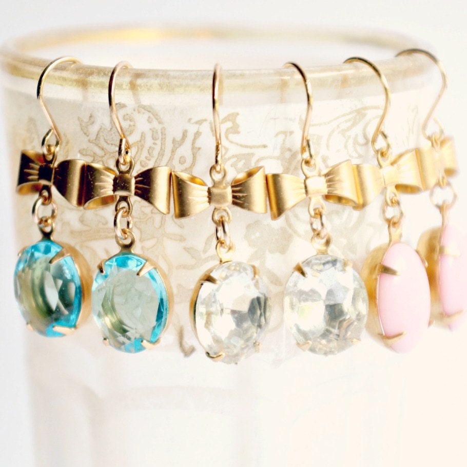 Golden Bow And Glass Charm Dangle Earrings