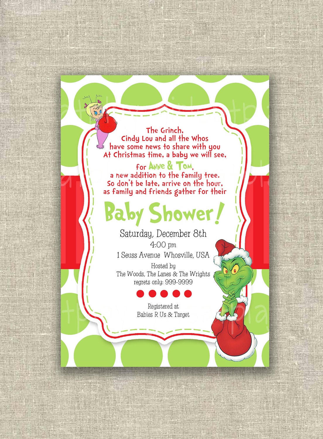 Grinch Baby Shower Invitation Christmas Dots Digital - by girlsatplay girls at play Il_570xn