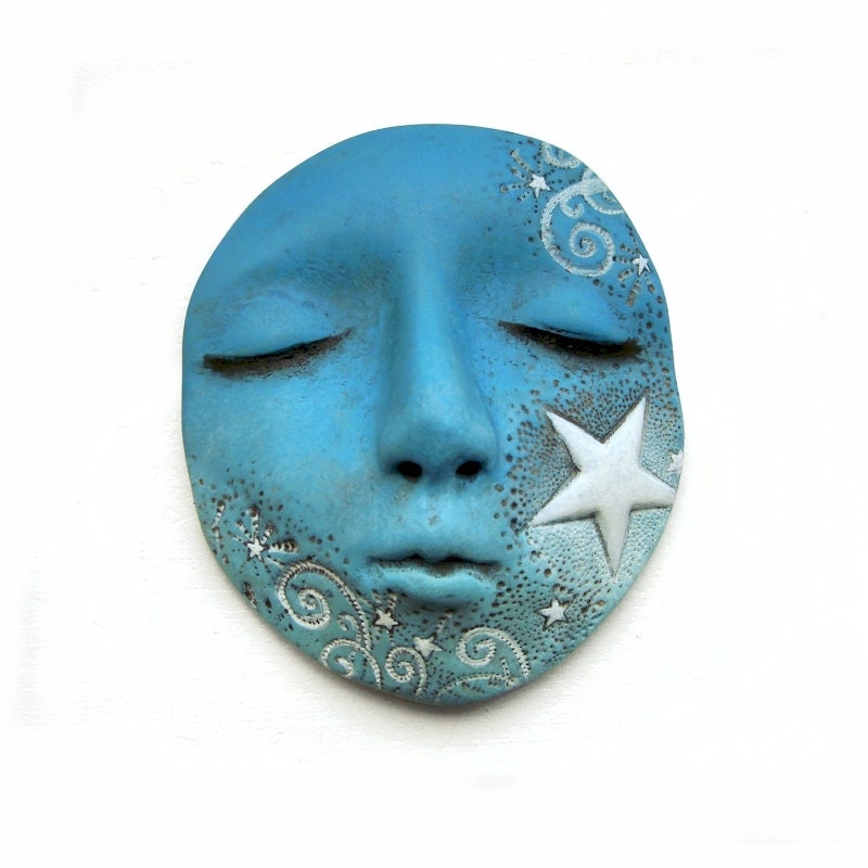 Blue Dream White Star Celestial Art Doll Face Cab Polymer Clay Goddess Cabochon Sky Space Sleepy Sleep 2686