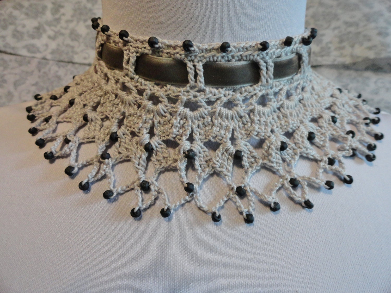 Gray Victorian Steampunk Lace Crochet Beaded Choker