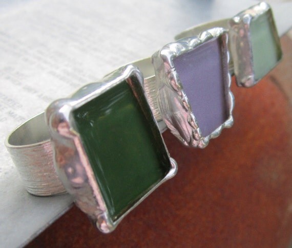 Sage, Green, Light Purple Glass Rings on Adjustable Wide Band by Heidi Urbanski on Etsy