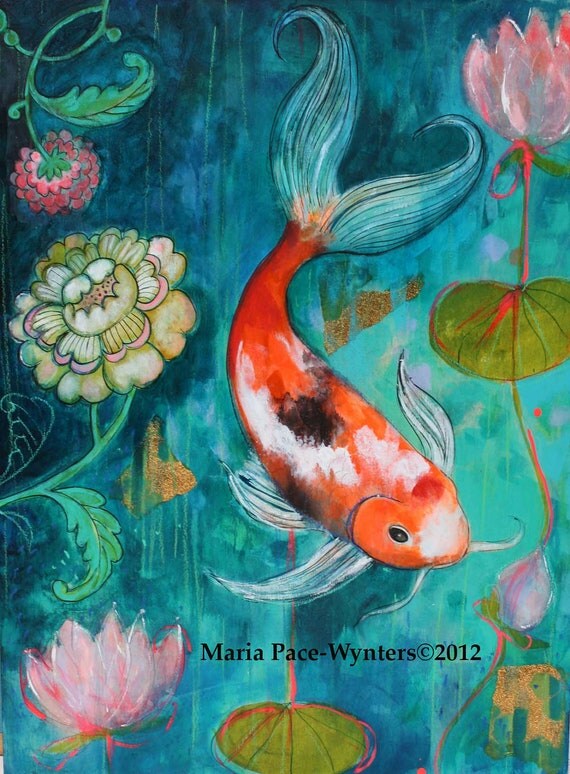 Koi In The Flower Garden- Original mixed media painting by Maria Pace-Wynters