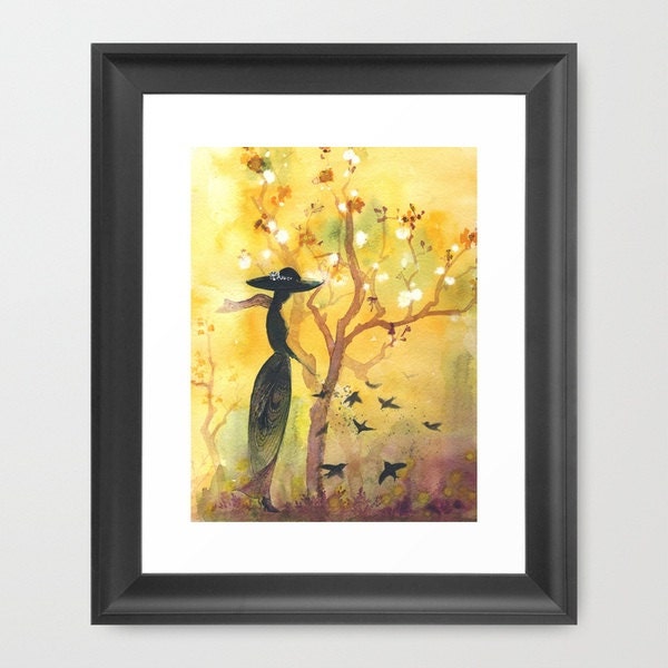 Gift of Peace - Art Print pigeons classic style dress yellow cherry blossoms wall decor silhouette hat watercolor painting Oladesign 8x10