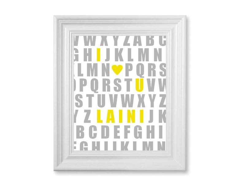 Custom I Heart U Name Alphabet Poster 11 x 14 - Personalized ABC Nursery Art Print - Yellow and Gray Typography Print
