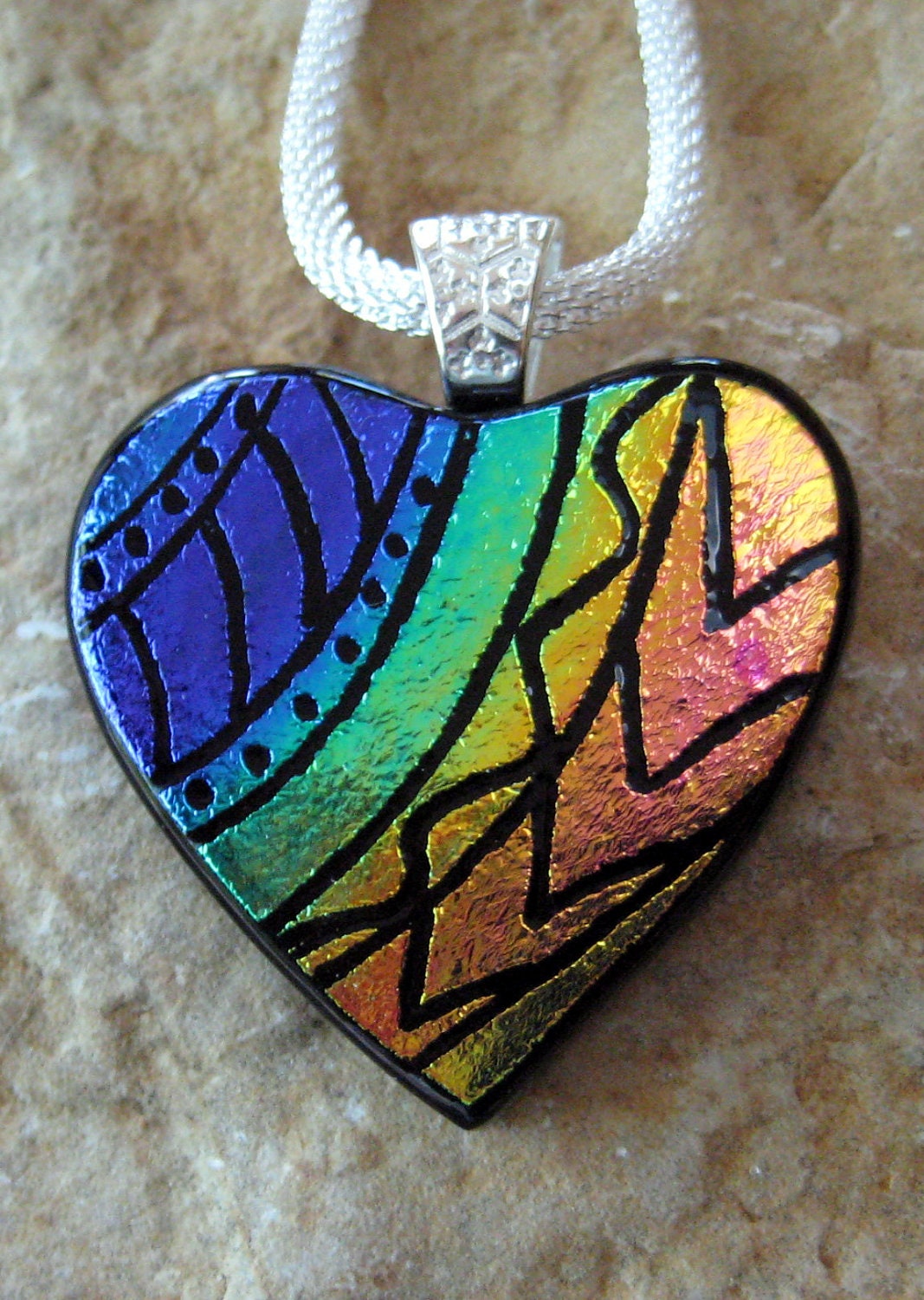 Fused Glass Heart Pendant Dichroic Fused Glass Hand Etched