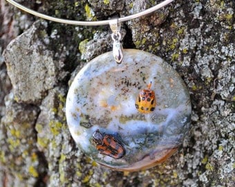 Natural Ocean Jasper Pendant with real Beetles Necklace OOAK
